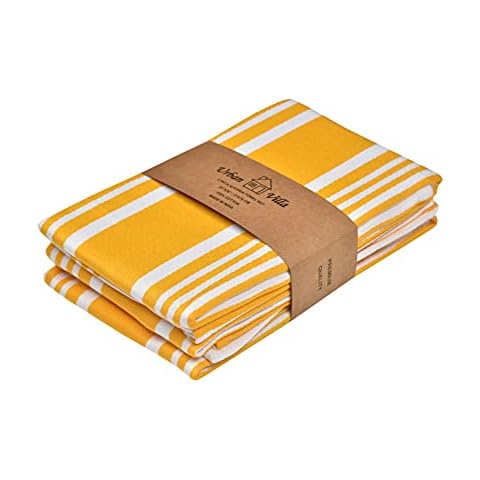 Urban Villa Set of 3 Kitchen Towels Highly Absorbent 100% Cotton Dish Towel 20X30 Inch with Mitered Corners Trendy Stripes Yellow/White Bar Towels & Tea Towels… Cover