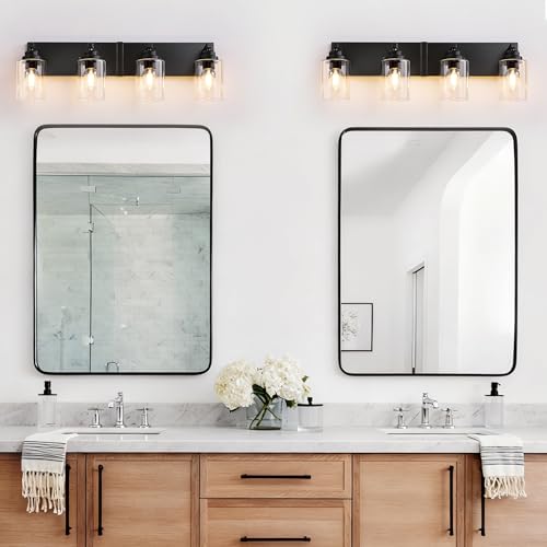 Image of Black Bathroom Light Fixture, 4 Light Matte Black Vanity Light, 27.5 inch Modern Bathroom Lighting Fixtures Over Mirror, with Clear Glass Shade, Vanity Lights for Bathroom Bedroom Hallway