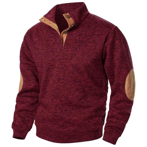Men Knitted Sweatshirt Stand Collar Button Elbow Patch Long Sleeve Tops Casual Loose Thermal Fall Winter Pullover Top