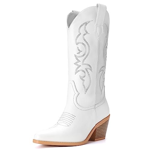 Platikly White Cowboy Boots for Women – Mid Calf Cowgirl Boots with Embroidery, Pointed Toe Chunky Heel Retro Western Booties, Classic Fashion for Ladies, US 10