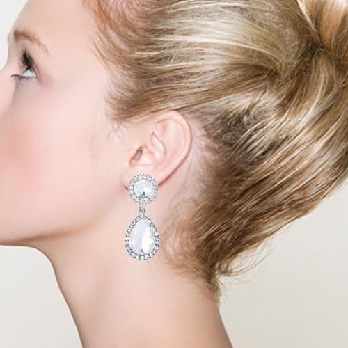 Elegant Crystal Teardrop Dangle Drop Clip on Earrings for Women (White) - image 3