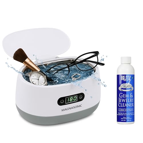 Magnasonic Ultrasonic Cleaner - 20oz Tank Ultrasonic Retainer Cleaner w/ 8oz Gem &amp; Jewelry Cleaner Concentrate Solution, Digital Timer, 5 Cleaning Modes for Glasses, Rings, Dentures, Tools, Aligners