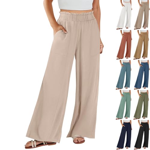 Wide Leg Linen Pants for Women Summer Ruffle Elastic Waist Beach Lounge Flowy Pull On Pants with Pockets Spring Loose Fitting Travel Comfortable Cotton Gaucho Tall Trousers Slacks Brown