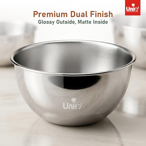 Image of Unify 3 Pieces Stainless Steel Mixing Bowls Set (1100ml, 2000ml, 3400ml) | Katori /Katora Set | Large Kitchen Bowls for Mixing Dough, Salad, Serving | Heavy Duty & Rust Free (Amora Design)