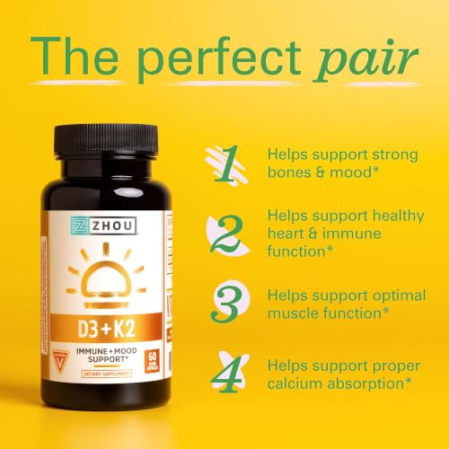 Image of Zhou D3+K2 Supplement - 60 Veggie Capsules (Pack of 1) | Vitamin D3 K2 Supplement for Women & Men, Immune Support Vit D3 and K2 Supplements
