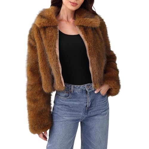 Manteau court à poils longs chaud et bouffant avec grand col à revers zippé