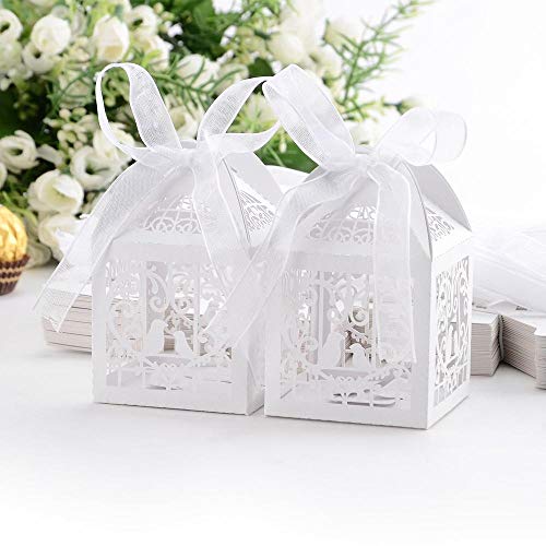 Aeromdale Boîte à dragées Bonbons Coeur Oiseaux Cage Blanc pour Mariage Baptême 50pcs Temps de Divertissement