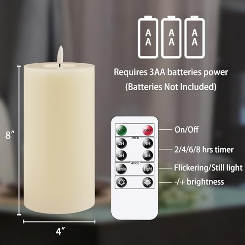 Image of Flameless Flickering 4 inch x8 inch Real Wax Ivory Remote Candles with Candle Grease, Pack of 2 Timer LED Battery Operated Fake Warm Light Pillar Candles for Home, Banquet, Ceremony Decoration