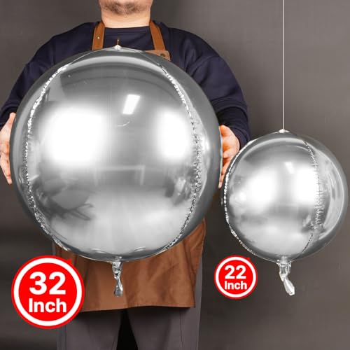 Image of PartyWoo Metallic Silver Foil Balloons 6pcs Large Round Giant 4D Balloons | 32 Inch for Graduation Birthday Engagement Space Themed Themed Baby Shower Bridal Shower Gender Reveal Party Decorations