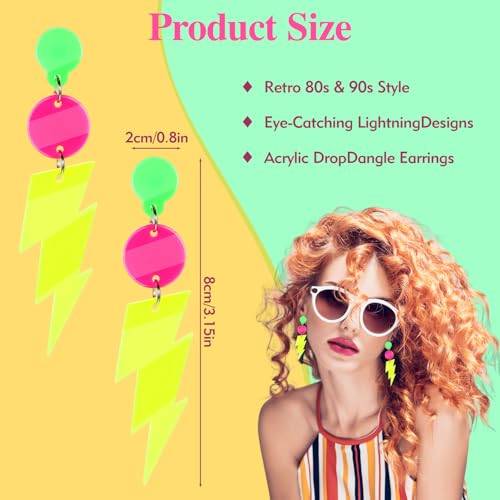 80s Neon Earrings for Women - Acrylic Lightning Bolt Drop Dangle Earrings, Retro Glow Party Accessories for 80s Outfit & Theme Parties (1 Pair)2