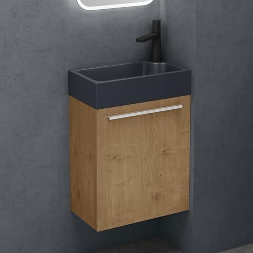 doporro Petit Meuble sous Vasque Marron Clair et Vasque Gris Noir Mat 46cm Ensemble de 2 Pièces Meuble de Salle de Bain avec Lavabo Design Pisa
