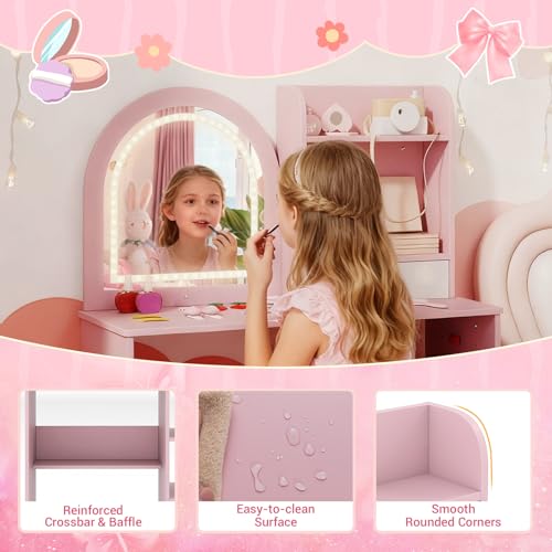 Image of Costzon Kids Vanity with Lights, Girls Vanity Set with Mirror, Storage Drawer, Hooks & Shelves, Toddler Makeup Vanity Desk Dressing Table, Wooden Kids Vanity Table and Chair Set (Pink)