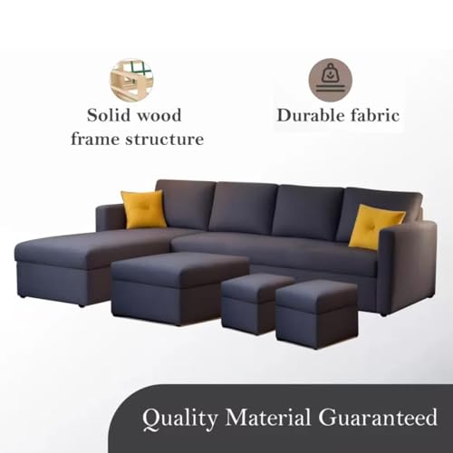 Image of FURNY Arno 8 Seater Fabric LHS L Shape Sofa Set with 1 Centre Table & 2 Ottomans (Dark Grey Color)