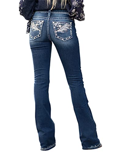 CHARTOU Women's Vintage Wash Embroidery Beaded Mid-Rise Distressed Ripped Bootcut Jeans2