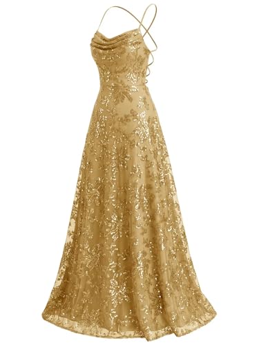 SoDigne Pleated Cowl Neck Lace Prom Dresses for Women 2026 Glitter Sequins Spaghetti Straps Ball...