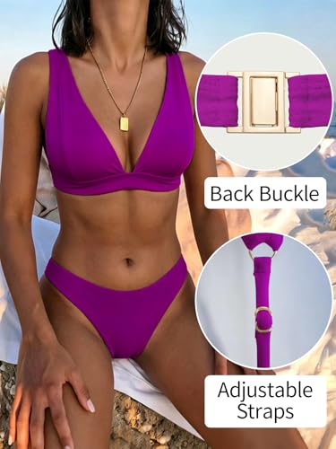 Image of Bathing Suits for Women Deep V Neck Sexy Two Piece Bikini Sets for Women Thong Halter Cheeky Swimsuit