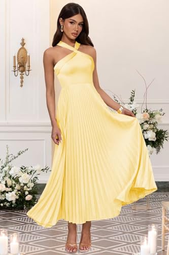 Women's Halter Pleated Satin Bridesmaid Dresses Tea Length Maxi Formal Evening Dress VS2423