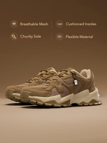 Image of The Souled Store Fumes NX: Sage Men and Boys Low Top Sneakers Green and Off White Streetwear Chunky Trainer Breathable Mesh Cushioned Midsole Durable Sole Lace Up Lightweight Padded Collar