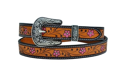 Western Tooled Pink Floral Hand Finished Leather Belt For Women, Kids, Girls Belt 40AB0042