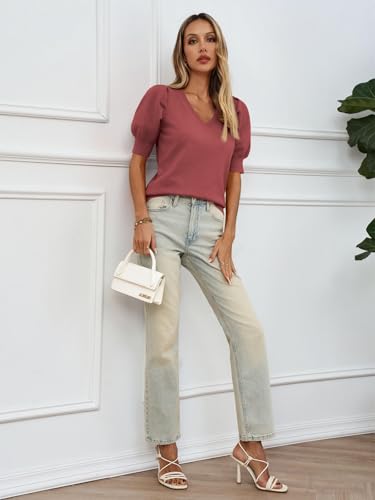 Image of Womens Puff Short Sleeve Sweater Tops 2026 Spring Summer Trendy Casual T Shirts Blouses
