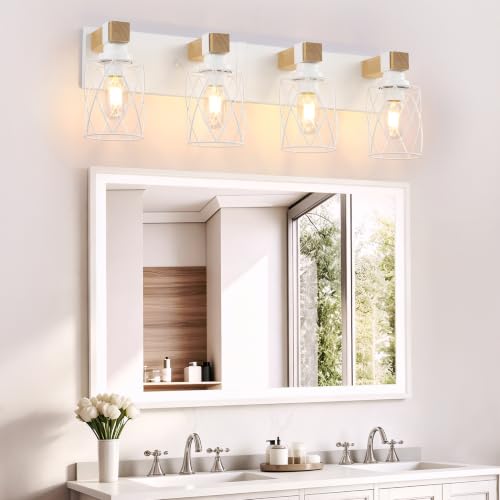 Image of Farmhouse 4-Light Wood Bathroom Vanity Light, White Metal Cage Shade