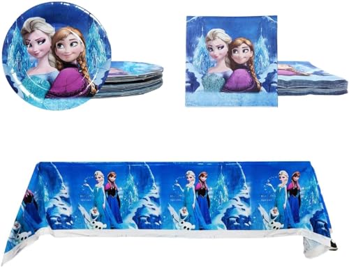 41Pack Frozen birthday Party Supplies include 20 plates, 20 napkins +1 Tablecloth for the Frozen party Decoration