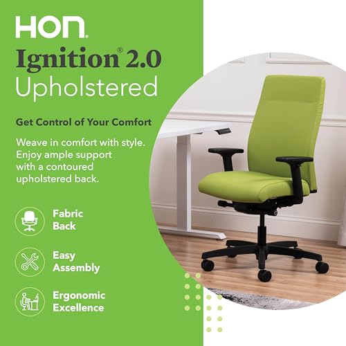 Image of HON Ignition 2.0 Ergonomic Office Chair with Adjustable Arms, Advanced Synchro‑Tilt Recline, Upholstered Desk and Computer Chair for Home Office or Workstation, Black Frame, Pear