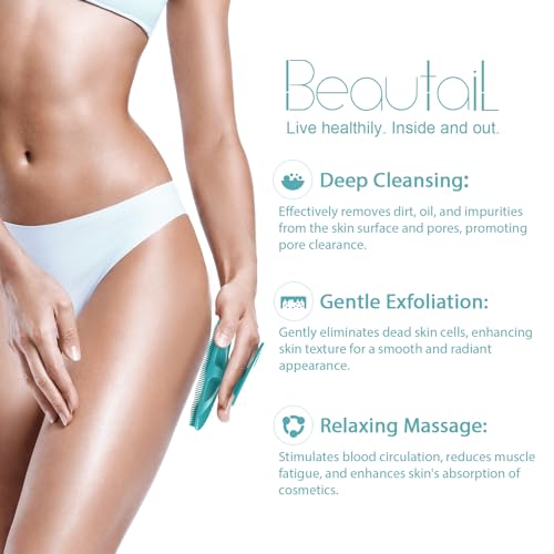 Image of Silicone Body Scrubber Shower Bath Wash Brush Gentle Exfoliating Scrub Cleansing Loofah for Women Men Baby Sensitive Skin, Easy to Clean, Lather Nicely, More Hygienic, 1 Pack, Cyan