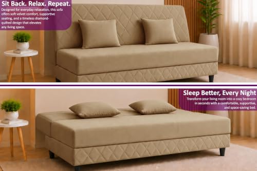 Image of Velvet Fabric Sofa Cum Bed | 3 Seater Sofa Bed | Premium Upholstered Folding Couch for Living Room, Guest Room & Bedroom | Quilted Backrest with 2 Cushions (Golden)