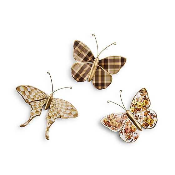 MACKENZIE-CHILDS Set of 3 Butterfly Decorations, Hanging Butterfly Wall Decor, Brown-and-White Mocha