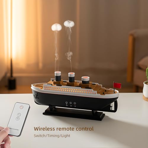Image of Humidifier for Bedroom Titanic Humidifier with Remote Aromatherapy Diffuser Steamship Humidifier 7 Light 2 Mist Mode Air Humidifiers for Bedroom, Essential Oil Diffuser (Black)