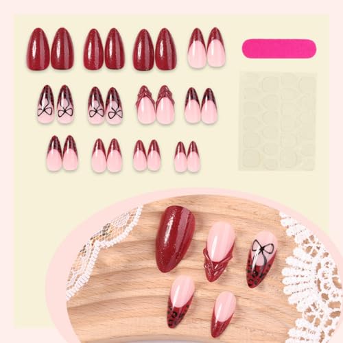 Image of Red Nail Press ons French Tip Fake Nails with Glitter Design Medium Almond Glue on Nail Glossy Full Cover Bow Press on Nails for Women Manicure 24Pcs