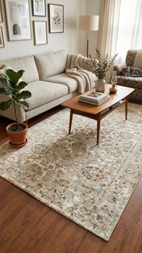 Image of 2x5 Feet (60x150 CM) Carpet for Bedroom Living Room & Hall - Beige Brown Classic Modern Abstract Geometric Silk-Touch Luxury Hotel-Style Washable Anti-Skid Turkish Area Rug