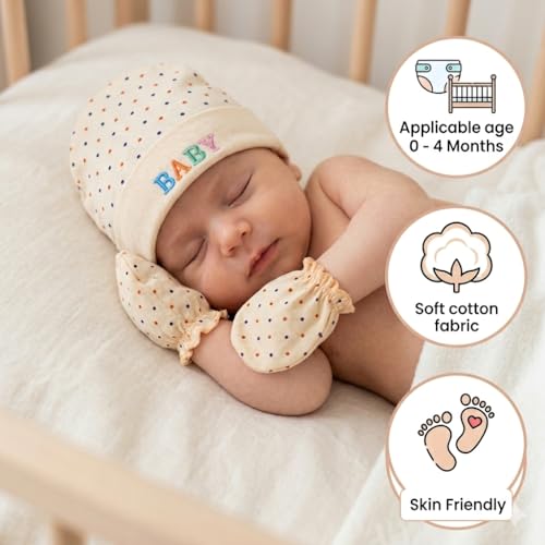 Image of First Kick Baby Mitten Booty Cap Set - 3 Sets (Multicolour) Mittens for New Born Baby 0-3 Months | Useful | Pocket-Friendly | Soft New Born Cotton