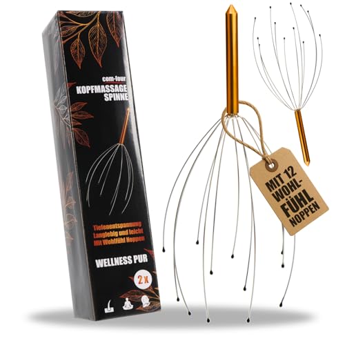 COM-FOUR® 2x Araña de masaje de cabeza con 12 dedos de masaje - Dispositivo de masaje de relajación - Rascador de cabeza para relajación - Acupresión para una mejor (2 piezas - color bronce)