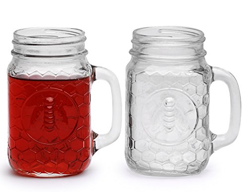 Circleware Honey Bee Glass Yorkshire Mason Jar Mugs with Glass Handles, 17 Ounce, Set of 4