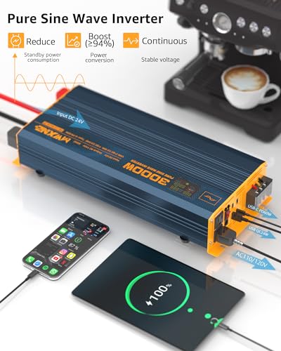 Mwxne 3000W Pure Sine Wave Power Inverter Dc 24V To 110V 120V Ac With 4 Quick Charging Usb Ports& Dual Ac Outlets Power Inverters For Vehicles Rv Truck Home With Lcd Display And Remote Controller thumb #4