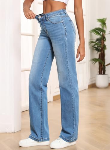 Image of Sidefeel Women's Wide Leg Jeans High Waisted Tummy Control Stretchy Straight Leg Elastic Waist Trendy Denim Pants