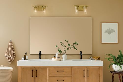 Image of Kichler Crosby 15.25 inch 2-Light Bathroom Vanity Light Fixture with Clear Glass in Natural Brass for Powder Room, Modern Wall Mount Light (15.25 inch x 8.75 inch), 45496NBRCLR