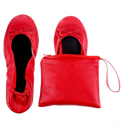 Momolaa UK 8 Ladies Roll up Shoesportable Travel Ballet Flat Fold up Pumps After Party Shoes Slipper (with Carrier Pouch) A0_Clearance Red