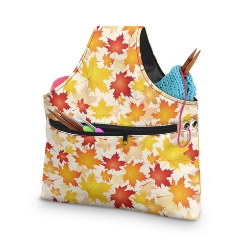 Image of KUIFORTI Knitting Yarn Bag Thanksgiving Gifts Crochet Storage Bags Fall Maple Leaf Decor Yarn Storage Tote Bag with Zipper Pocket Knitting Hook Storage, Large Size