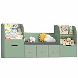 FOREHILL Kinderregal mit Sitzbank, Bücherregal für Kinder mit 5 Aufbewahrungsboxen, Kinderzimmer Möbel für Spielzeug Aufbewahrung, Spielzeugkiste mit Rollen 180,5x35x80cm Grün