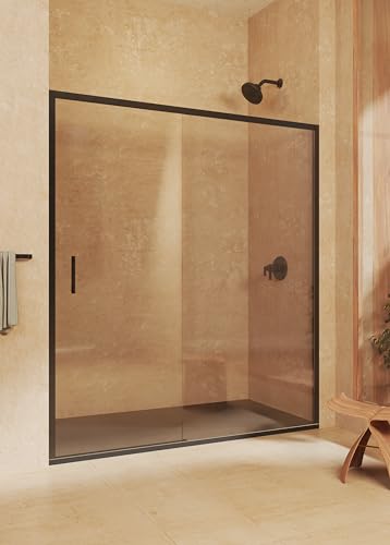 SOULBATH Mampara de Ducha Frontal corredera + Fijo, sin Perfil Inferior, Fácil instalación Vidrio de Seguridad 6mm antical, 123,5 a 128 cm Ancho Adaptable x 195cm Alto, Reversible, Negro Mate