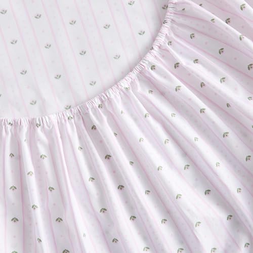Image of Martha Stewart - Full Size Sheet Set, Crisp & Tailored Sheets with a Smooth Cotton Percale Feel - Floral Bed Sheets with Matching Pillowcases & Fitted Sheet (Floral Stripe Pink)
