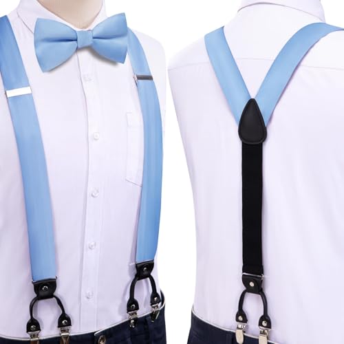 Image of Hi-Tie Men Suspender Bowtie Set Suspenders Pre-tied Bow Tie Pocket Square Cufflinks Adjustable Y Shape 6 Clips Braces Tuxedo