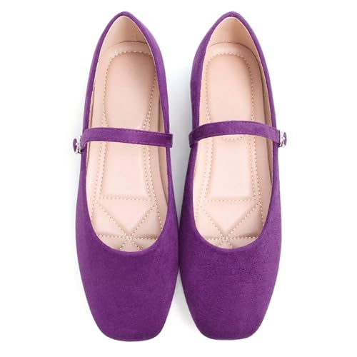 Stunner Women's Mary Jane Ballet Flats Fashion Square Toe Ankle Strap Flats Comfortable Casual Slip On Dress Shoes Dark Purple 42(9.5) 24