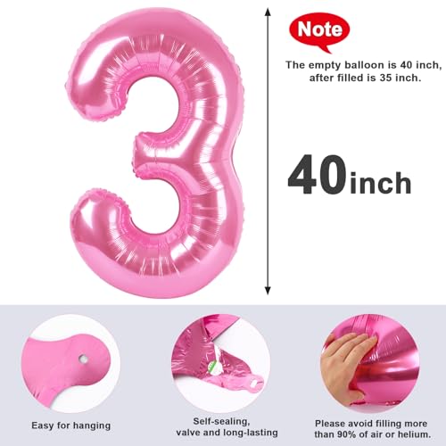 Image of 3 Balloon Numbers Birthday Decorations, 40In Pink Balloons for Men Women | Eye-catching Appearance, Perfect Decorative Centerpieces, Convenient Self-sealing Structure, Widely for Various Occasions