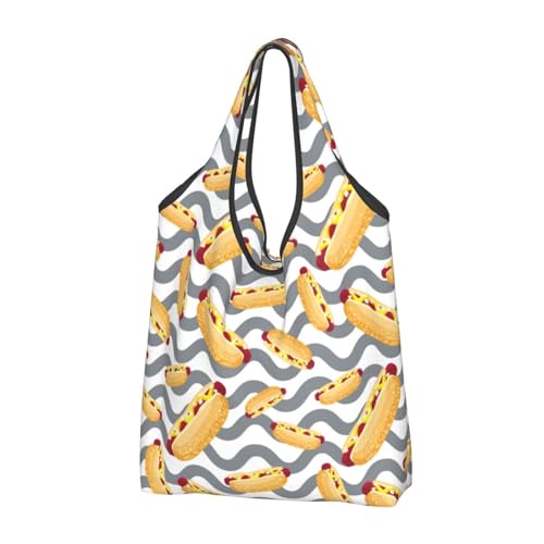 TZTTZT Bolsas reutilizables para la compra, bolsas de compras plegables con estampado de perro caliente, bolsa de comestibles gris ondulada con asas, Negro, 1 PC