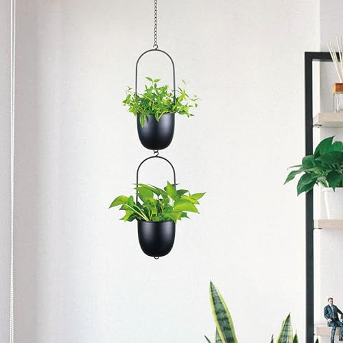 Image of Metal Hanging Planters Set of 2 with 6 Inch Oval Pots - Stackable and Connectable Plant Hangers - Black Modular Wall and Ceiling Mount Holders for Indoor and Houseplants