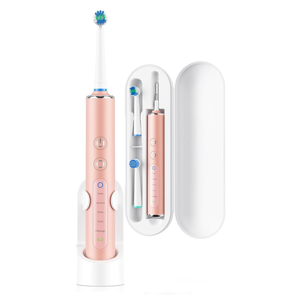 Spazzolino elettrico per adulti - Spazzolino elettrico sonico per bambini con 2 testine e custodia da viaggio, 5 modalità, timer intelligente integrato da 2 minuti, durata della batteria 120